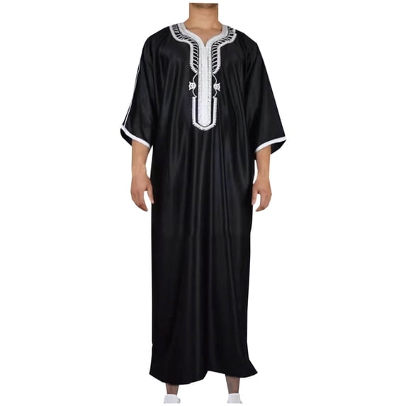 JXMVOJ Men Arabic Long Sleeve Embroidery Thobe Stand Collar Kaftan Robe