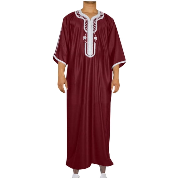JXMVOJ Men Arabic Long Sleeve Embroidery Thobe Stand Collar Kaftan Robe
