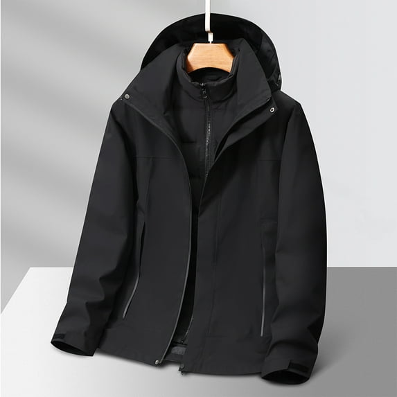 JXMVOJ Men Three-in-one Solid Color Outdoors Mountaineering Wearproof Warm Zipper Multi-pocket Down Feather Lnner Lap Coat Long Sleeve Jacket