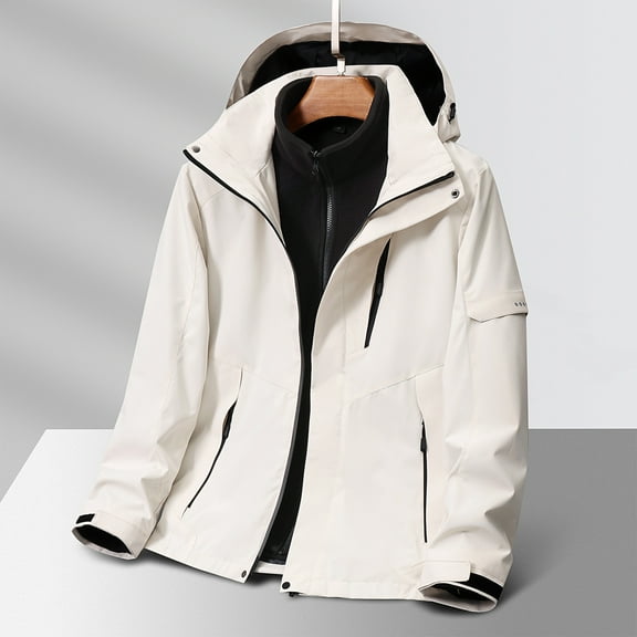 JXMVOJ Men Three-in-one Solid Color Outdoors Mountaineering Wearproof Warm Zipper Multi-pocket Fleece Lnner Lap Coat Long Sleeve Jacket