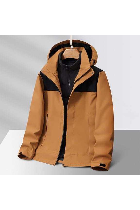 Men Three-in-one Splice Solid Color Outdoors Mountaineering Wearproof Warm Zipper Multi-pocket Down Feather Lnner Lap Coat Long Sleeve Jacket