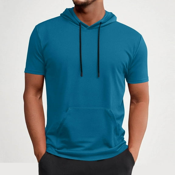 JXMVOJ Men's All-Season Breathable Polyester Hooded Sports T-Shirt with Pockets & Drawstring, Moisture-Wicking Quick-Dry Design for Gym Running Outdoor Casual, Durable Versatile Tops