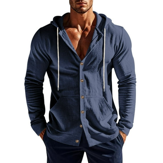 JXMVOJ Men's All-Season Cotton-Linen Casual Hooded Long Sleeve Shirt with Pockets, Breathable Natural Fiber Design for Outdoor Daily Business Wear, Versatile Slim Fit Tops