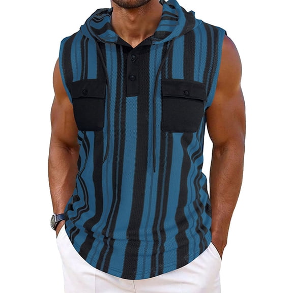 JXMVOJ Men's Breathable Polyester Sleeveless Hooded Sports-Outdoor Blouse with Pockets & Buttons, All-Season Casual Striped Design, Lightweight Quick-Dry Top
