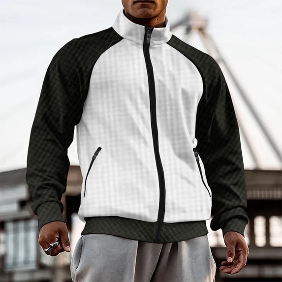 JXMVOJ Men's Bright Zipper Lightweight Jacket, Fashion Casual Color Block Zipper Pockets Long Sleeve Outwear Jackets