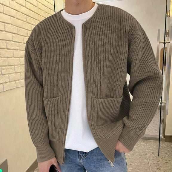 JXMVOJ Men's Cardigan Sweater Wool Blend Cable Knit Crew Neck Zip Up Cardigan with Pockets