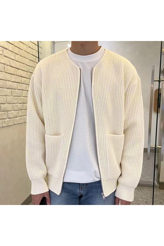 Men's Cardigan Sweater Wool Blend Cable Knit Crew Neck Zip Up Cardigan with Pockets