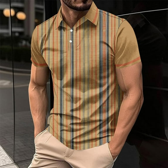 JXMVOJ Men's Casual Striped Printed Button-Up Shirt, Polyester Fabric, Lightweight Breathable Design, Versatile for Daily, Party, Work Outfits