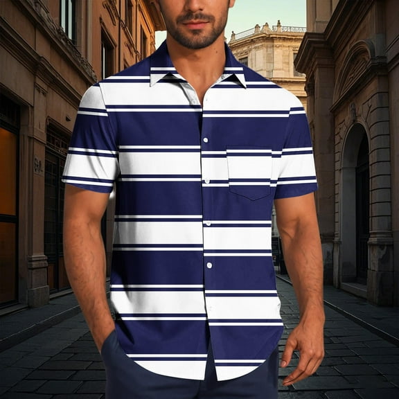 JXMVOJ Men's Casual Summer Breathable Polyester Shirt, Stripe Print Short Sleeve Button-Up with Turndown Collar, Lightweight Anti-Shrink Fade Resistant Design for Outdoor Daily Casual Tops