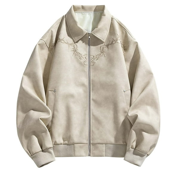 JXMVOJ Men's Casual Varsity Jacket Vintage Lightweight Jackets Man Embroidery Solid Color Leisure Time Zipper Pocket Flip Collar Long Sleeves Leather Jacket