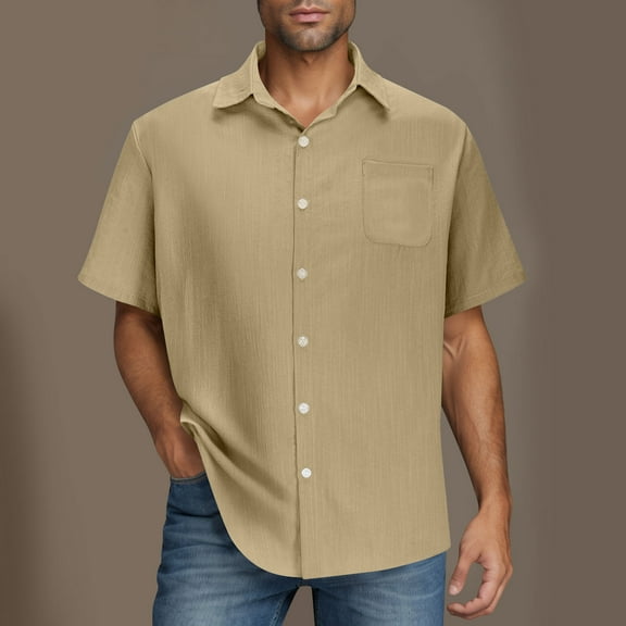JXMVOJ Men's Cotton Linen Short Sleeve Summer Beach Shirts Button Down Regular Fit Solid Color Henley Shirt Casual Lightweight Polo Tops with Pocket
