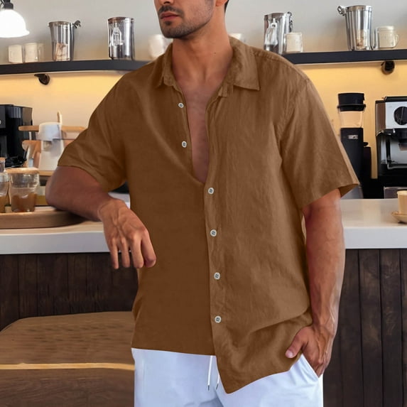 JXMVOJ Men's Fashion Cotton Linen 3/4 Sleeve T-Shirt Casual Stand Collar Blouse Solid Color Tops with Pockets Half Button Polos Quick Drying Henley Shirt