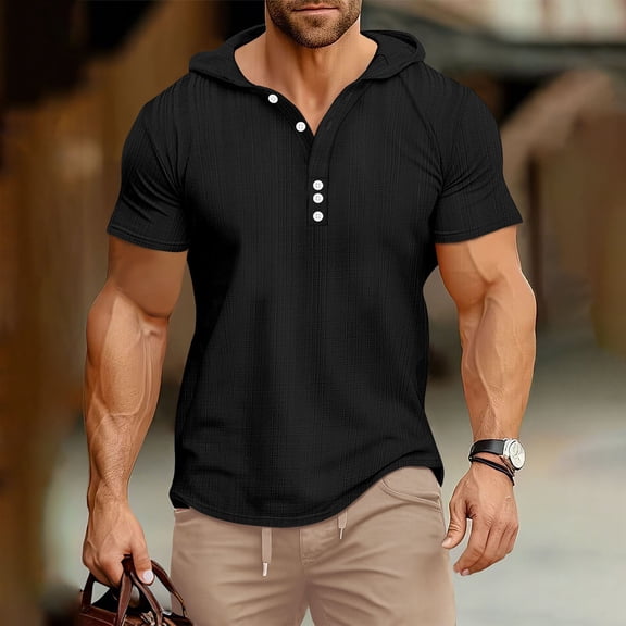 JXMVOJ Men's Fitness Casual Loose Half Button Short Sleeve Hooded Shirt, Polyester Breathable Sweat-Wicking Design for Gym Outdoor Daily Wear, Durable Stretchy Slim Fit Sports Tops