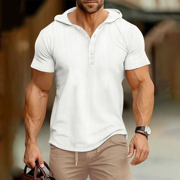 JXMVOJ Men's Fitness Casual Loose Half Button Short Sleeve Hooded Shirt, Polyester Breathable Sweat-Wicking Design for Gym Outdoor Daily Wear, Durable Stretchy Slim Fit Sports Tops