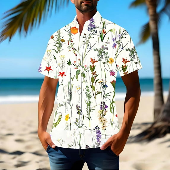 JXMVOJ Men's Hawaii Print Button-Up Casual Shirt, Lightweight Polyester Summer Tops for Outdoor, Party, Wedding, Daily Casual Wear