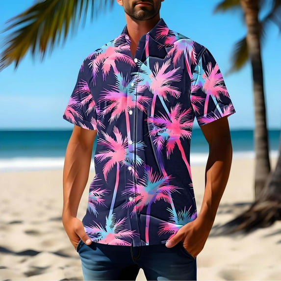 JXMVOJ Men's Hawaii Print Button-Up Casual Shirt, Lightweight Polyester Summer Tops for Outdoor, Party, Wedding, Daily Casual Wear
