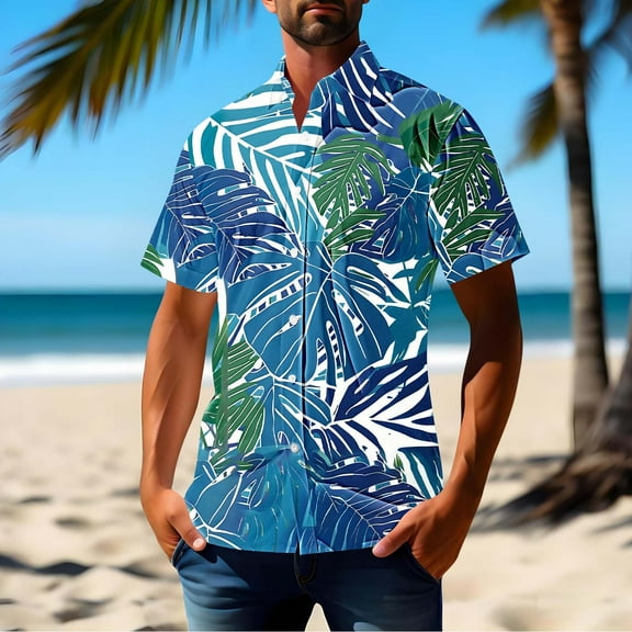 JXMVOJ Men's Hawaii Print Button-Up Casual Shirt, Lightweight Polyester Summer Tops for Outdoor, Party, Wedding, Daily Casual Wear
