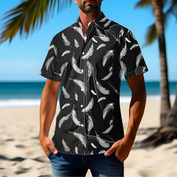 JXMVOJ Men's Hawaii Print Button-Up Casual Shirt, Lightweight Polyester Summer Tops for Outdoor, Party, Wedding, Daily Casual Wear