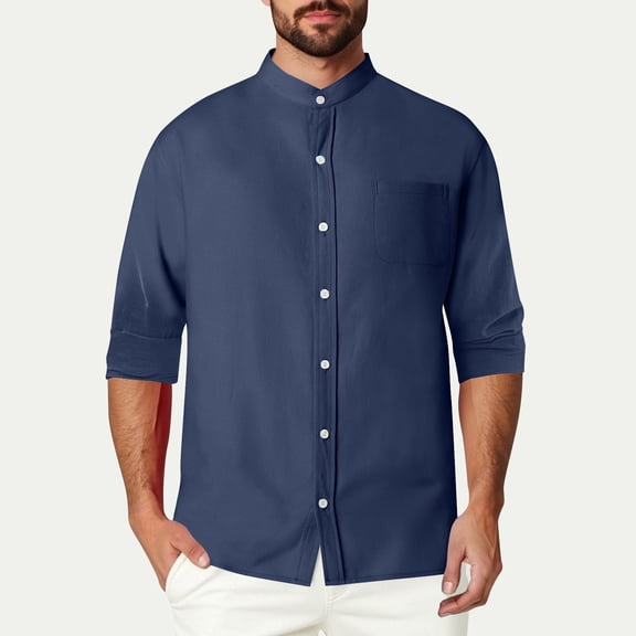 JXMVOJ Men's Imitation Cotton Linen Long Sleeve Shirt, Casual Button-Down Collar Beach Top with Pockets for Summer, Travel & Daily Wear - Multiple Sizes