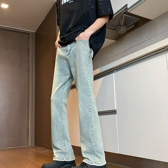 JXMVOJ Men's Jeans Zipper Wash Elastic Trend Outdoors Wide Leg Pants Denim Trousers