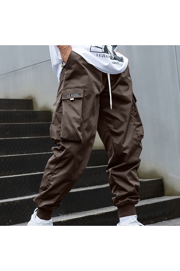 Men's Lightweight Quick Dry Cargo Nylon Jogger Pants Solid Casual Pocket Outdoor Elastic Waistbelt Jogger Drawstring Trousers Work Pants