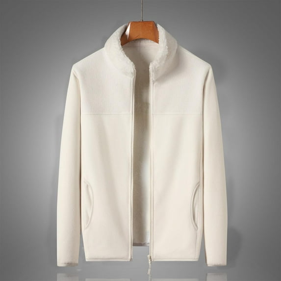 JXMVOJ Men's Long-Sleeve Fleece Stand Collar Cardigan Fashion Casual Solid Color Zipper Long Sleeve Hoodless Casual Outwear
