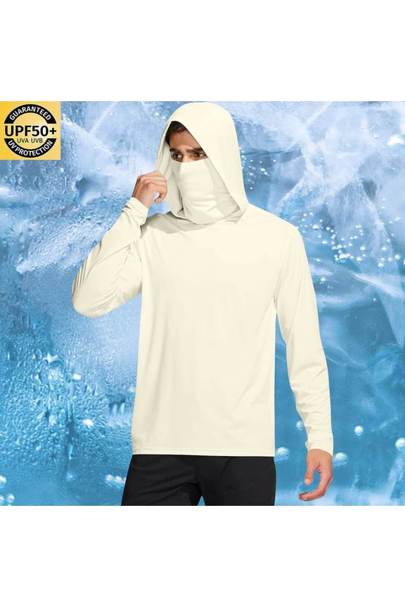 Men's Long Sleeve Tops With Hoodie Sun Protection Fishing Shirt With Mask UV Hooded Neck Outdoor Elastic Rash Running Sports Breathable Hiking Shirts