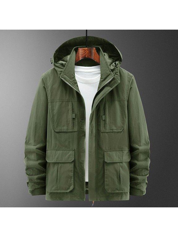 Men's Military Casual Field Jacket Solid Color Pockets Zipper Outerwear With Hood