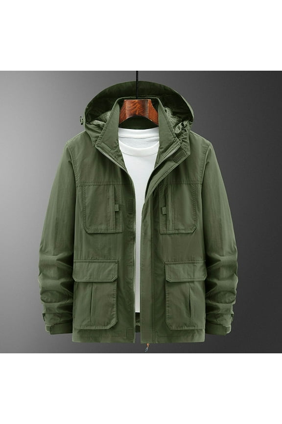 Men's Military Casual Field Jacket Solid Color Pockets Zipper Outerwear With Hood