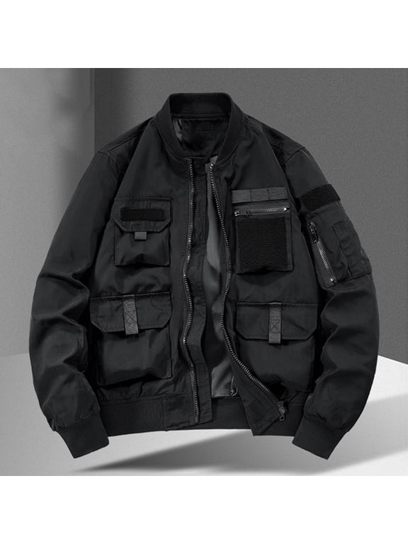 Men's Military Casual Field Jacket Solid Color Pockets Zipper Outerwear With Hood