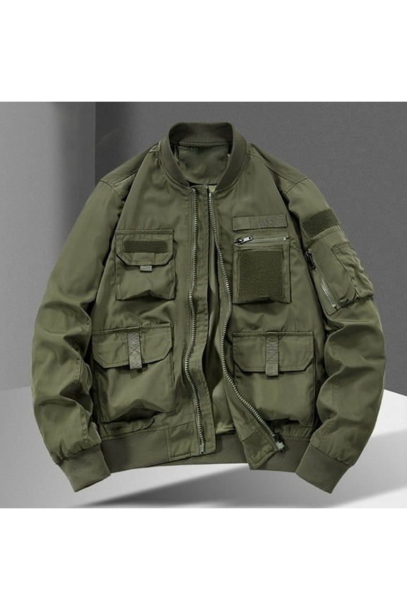 Men's Military Casual Field Jacket Solid Color Pockets Zipper Outerwear With Hood