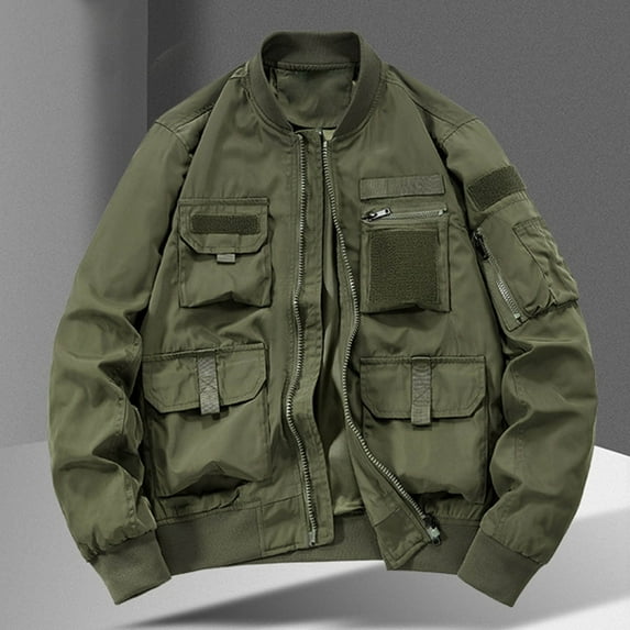 JXMVOJ Men's Military Casual Field Jacket Solid Color Pockets Zipper Outerwear With Hood