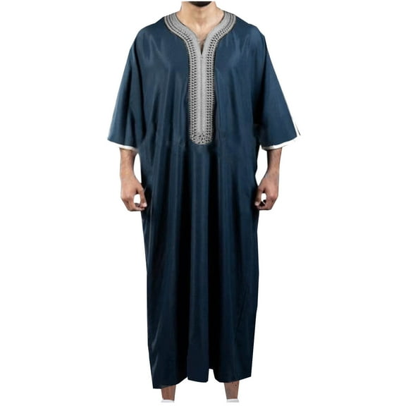 JXMVOJ Men's Muslim Robe Arab Middle Robe Long Style Long Sleeve Embroidered Standing Neck Pocket Long Shirt Fashion Casual Robe Coat
