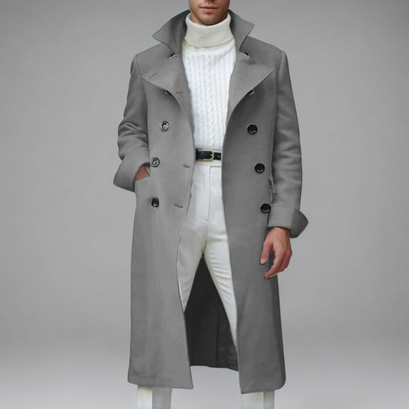 JXMVOJ Men's Notch Lapel Double Breasted Long Trench Coat Casual Cotton Blend Peacoat Men Casual Fashion Button Solid Below Knee Long Sleeve Turn Down Collar Outwear Coat