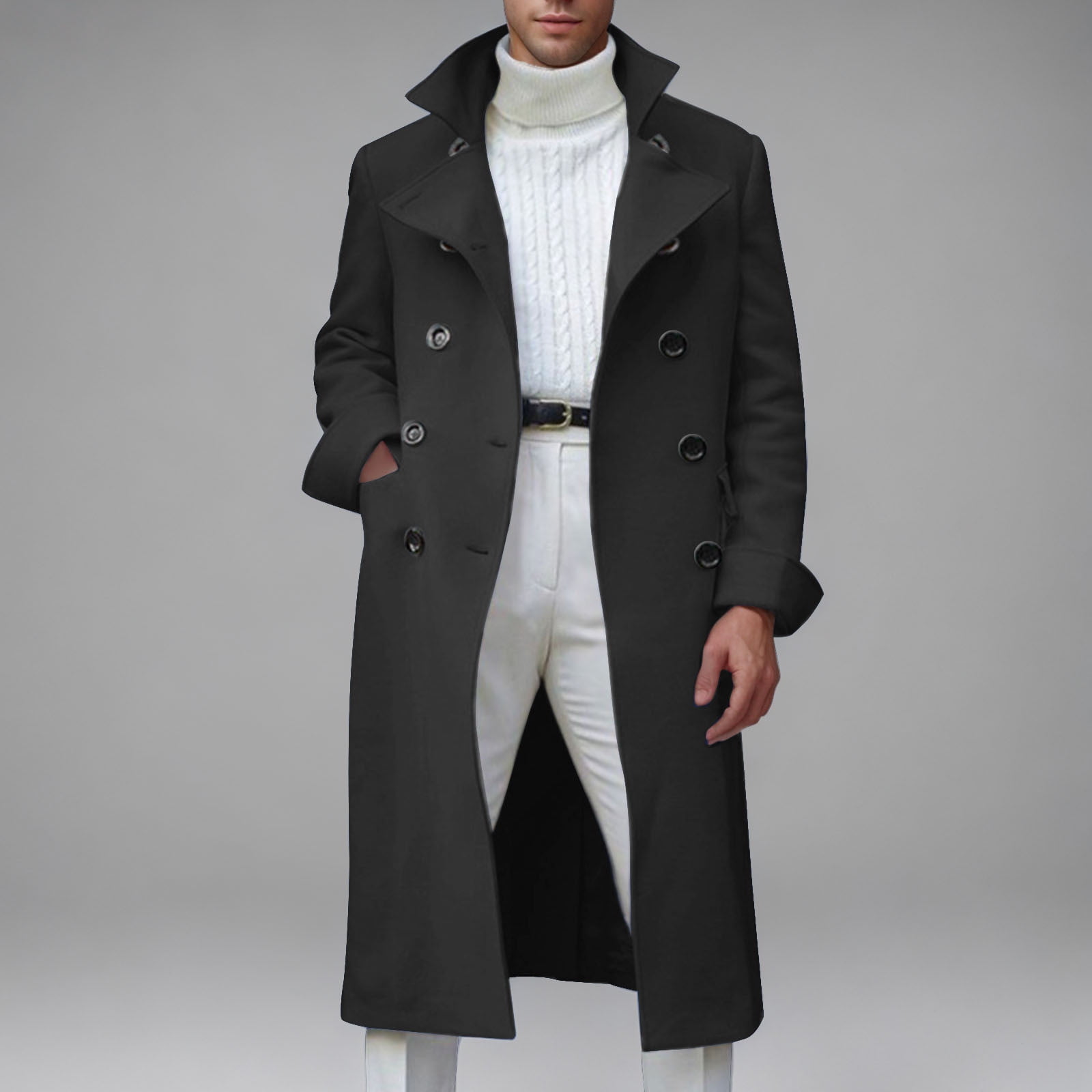 JXMVOJ Men's Notch Lapel Double Breasted Long Trench Coat Casual