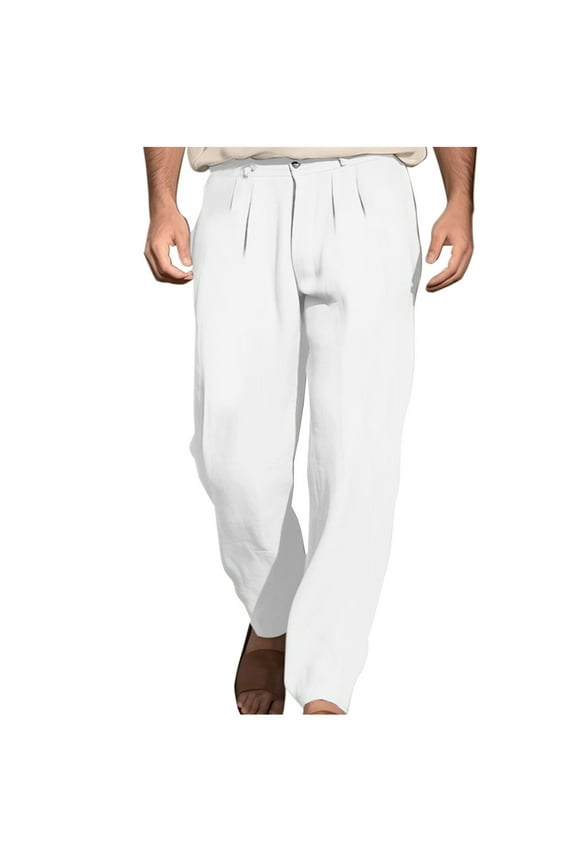 Men’s Pants Drawstring Loose Beach Pants Cotton Hemp Beach Breathable Sports Shorts Pants with Pockets