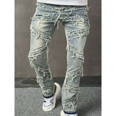 JXMVOJ Men's Slim Fit Stretch Jeans Distressed Patchwork Stacked Frayed Straight Leg Skinny Denim Pants