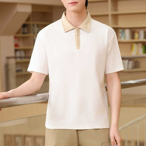 JXMVOJ Men's Solid-Color Zipper Blouse Shirt, Casual Short Sleeve, Turndown Collar, Polyester, Summer & Spring, Ideal for Daily Wear & Outdoor Activities, Fashionable and Breathable