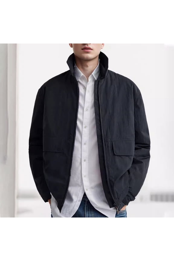 Men's Stand Collar Jacket Lightweight Casual Windbreaker Full Zip Jacket with Shoulder Straps