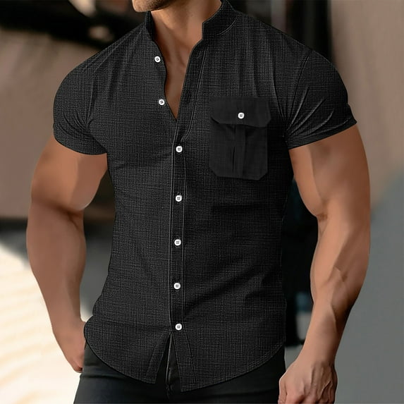 JXMVOJ Men's Stand-Up Collar Henley Shirts Short Sleeve Fashion Casual Summer Button Basic Slim Fit Tops Breathable Blouse Solid Color Lightweight Pullover Top