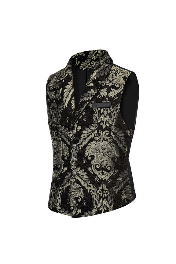 Men's Steampunk Gothic Sleeveless Lapel Top 6 Buttons V-Neck Slim Corset Polyester Satin Golden Floral Embroidery for Parties Weddings Nightclubs Christmas