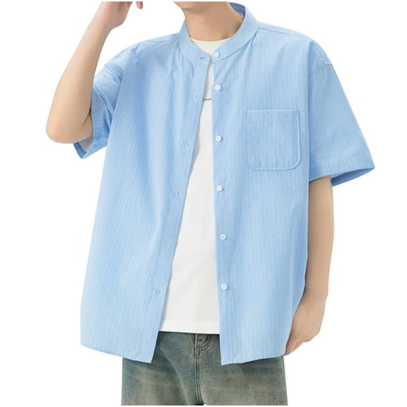 JXMVOJ Men's Summer Casual Stripe Stand-Up Collar Shirt, Lightweight Polyester Fabric for Daily, Party, Wedding, Outdoor Casual Wear