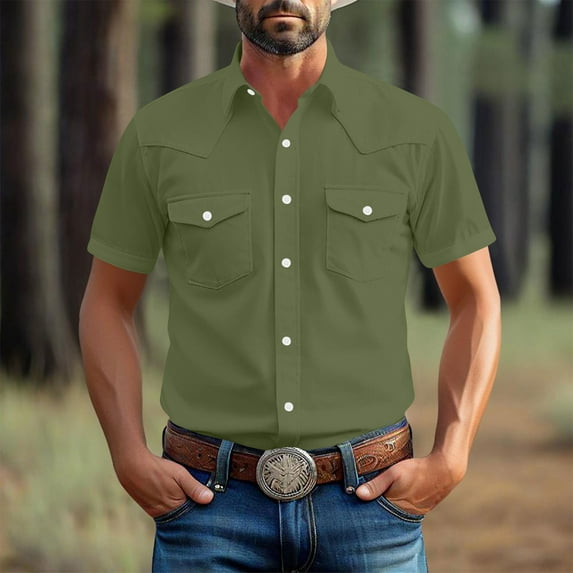 JXMVOJ Men's Summer Vintage Short Sleeve Turndown Collar Casual Shirt, Polyester Fabric with Pockets for Outdoor Daily Wear