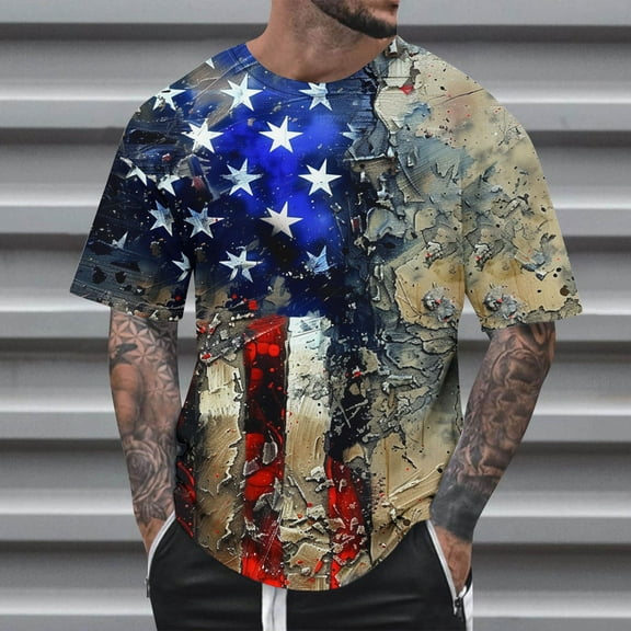 JXMVOJ Men's T-Shirts Flag Print Crew Neck T-Shirt Spring and Summer Casual Fashion Short Sleeve Retro Shirt Summer Top Casual Short Sleeve Shirt Tees 4 July T Shirt