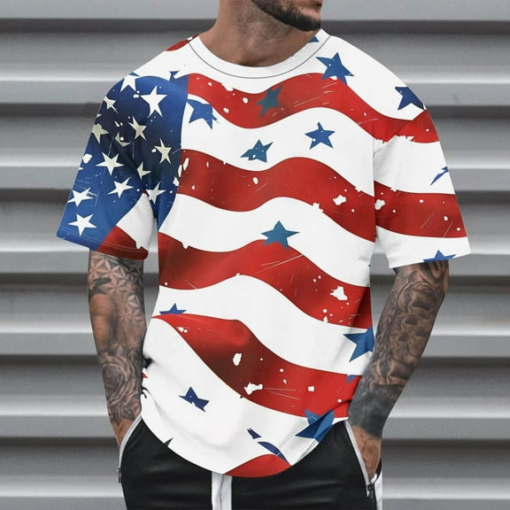 JXMVOJ Men's T-Shirts Flag Print Crew Neck T-Shirt Spring and Summer Casual Fashion Short Sleeve Retro Shirt Summer Top Casual Short Sleeve Shirt Tees 4 July T Shirt