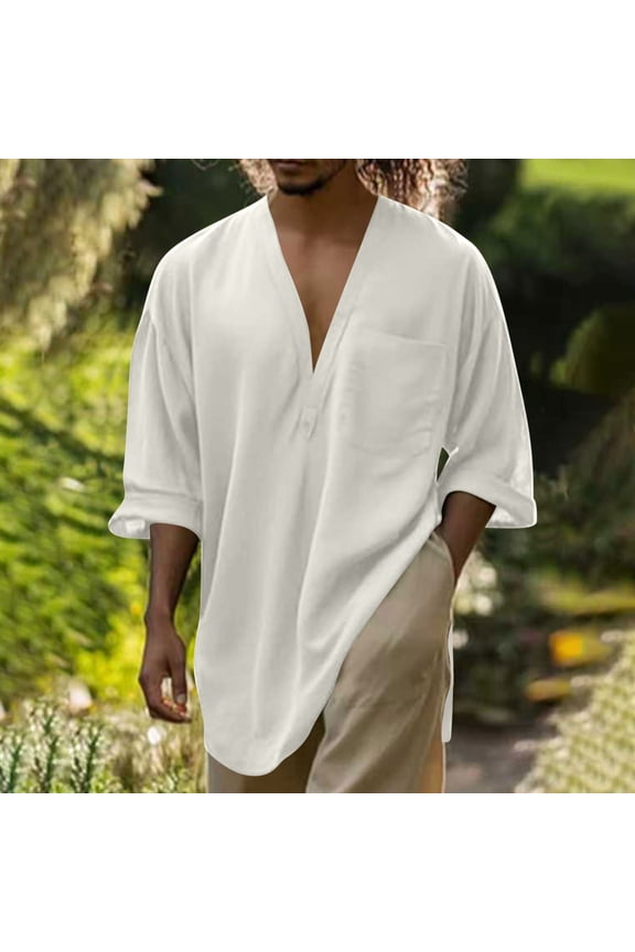 Men's V-Neck Lapel Tunic Shirt Cotton Linen Casual Party Beach Work