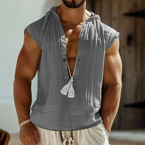 JXMVOJ Men's V-Neck Short Sleeve Loose Button Cotton Linen Tunic Summer Hooded Shirt Blouse for Casual, Party, Beach, and Vacation Wear