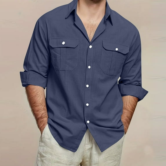 JXMVOJ Men's Vintage Casual Button Lapel Long Sleeve Shirt, Solid Color Polyester Plaid, Comfortable & Stylish for Spring/Summer - Available in Multiple Sizes"