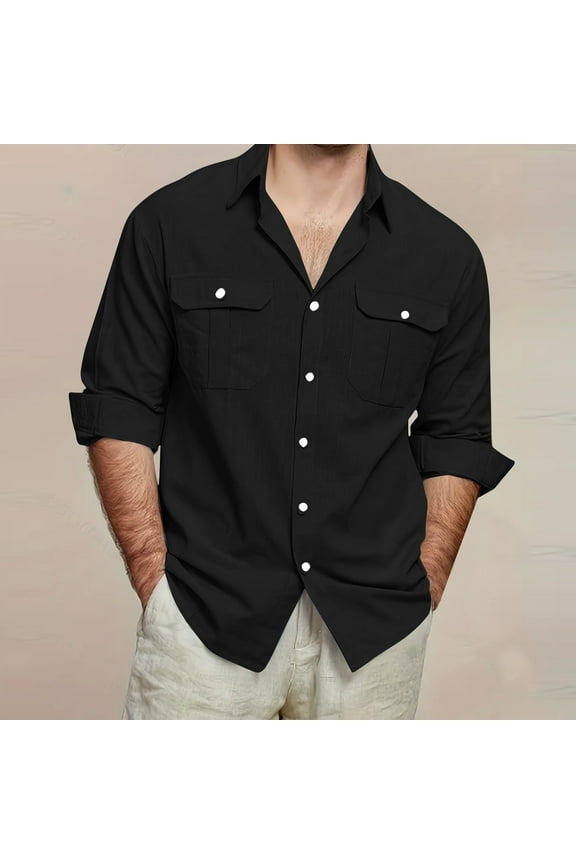 Men's Vintage Casual Button Lapel Long Sleeve Shirt, Solid Color Polyester Plaid, Comfortable & Stylish for Spring/Summer - Available in Multiple Sizes"