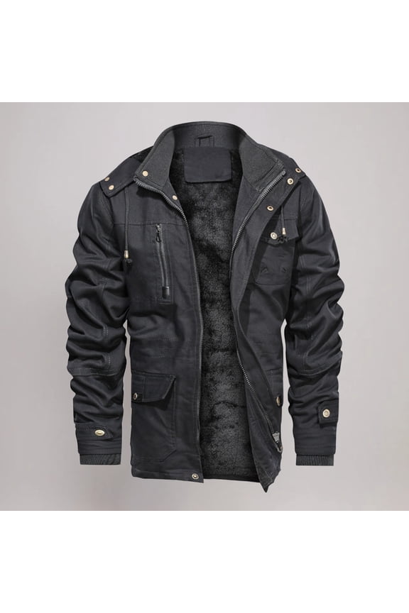 Men's Winter Jacket Cotton Military Jackets Fleece Lined Thick Work Coats Warm Cargo Jackets Men Long Sleeve Zipper Solid Pockets Casual Warm Winter Outwear